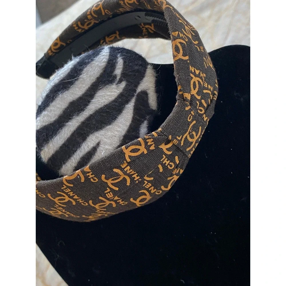 Brown Canvas Logo Print Knotted Headband Gold Tone Motif Accessory